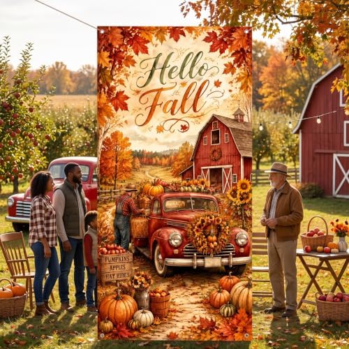 Hello Fall Vertical Door Banner 35×71 Inch Vintage Red Truck Farmhouse Harvest Decor, Autumn Pumpkin Maple Leaf Front Door Hanging Flag for Thanksgiving Outdoor Porch Home Party Seasonal Decoration - Image 7