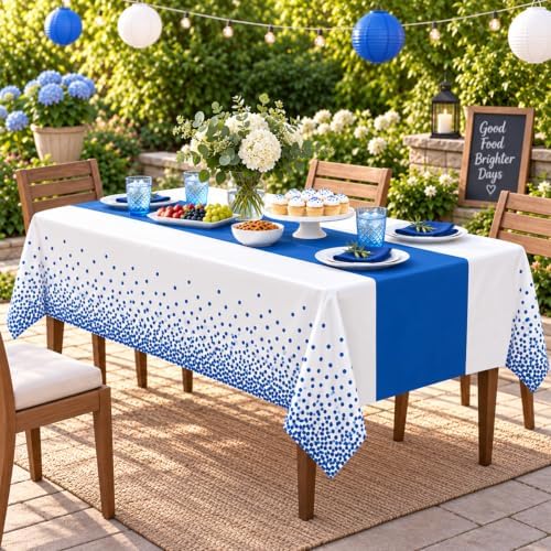 MASHAN 3Pcs White and Blue Tablecloth Party Decorations,Plastic Black Table Cloth Printed Blue Table Runner Disposable Rectangle Cover for Birthday Wedding Anniversary Graduation Party,54 x108 Inch - Image 6
