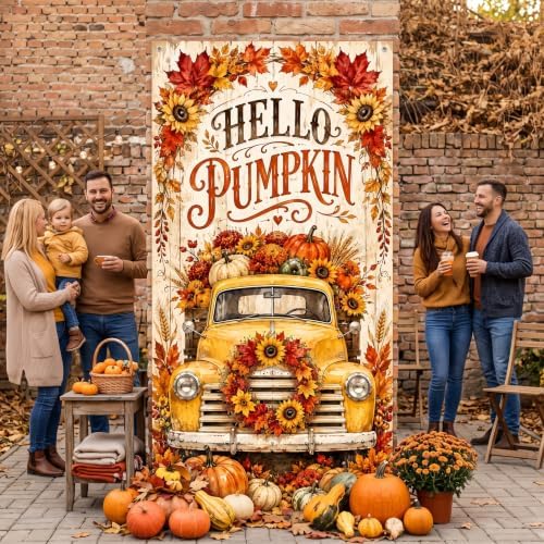 Fall Vertical Door Banner 35x71 Inch, Autumn Front Door Cover with Vintage Yellow Truck Pumpkins Sunflowers Maple Leaves Harvest Hanging Flag for Farmhouse Porch Yard Thanksgiving Outdoor Decor - Image 6