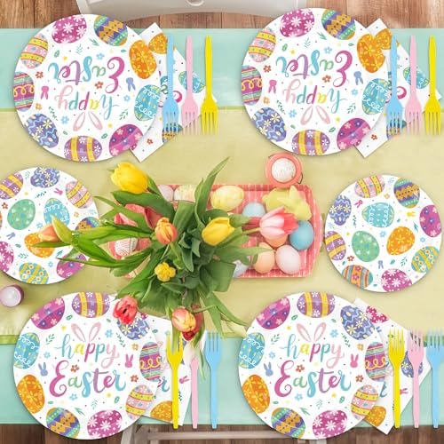 QZYL 96 Pcs Easter Plates and Napkins Set, 9 and 7 Inches Colorful Spring Egg Design Paper Plates Napkins Forks, Disposable Tableware for Easter Decoration Spring Picnic Supplies, Serve 24 Guests - Image 6