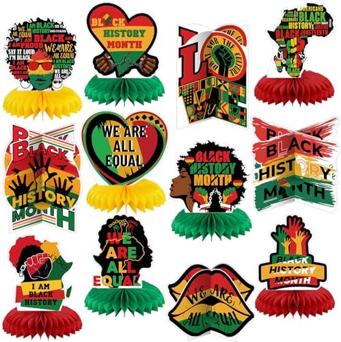 Pickmesh 12 Pieces Black History Month Party Decorations 3D Black History Honeycomb Centerpieces Table Decor African American BHM Festival Decorations Table Toppers for Party Supplies by Pickmesh