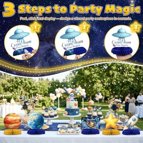 12 Pcs Astronaut Space Baby Shower Decorations for Boy - Outer Space Party Supplies - Rocket Planet Moon Star Galaxy Centerpieces for Tables - Space Honeycomb Table Decor for Baby Shower - Image 3
