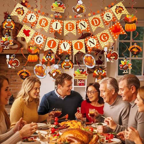 Thanksgiving Party Decorations Set - NO DIY - Friendsgiving Banner & Turkey Hanging Swirls & Circle Dots Garland Banner, Thanksgiving Decorations for Home Office Classroom Friendsgiving Party Decor - Image 4