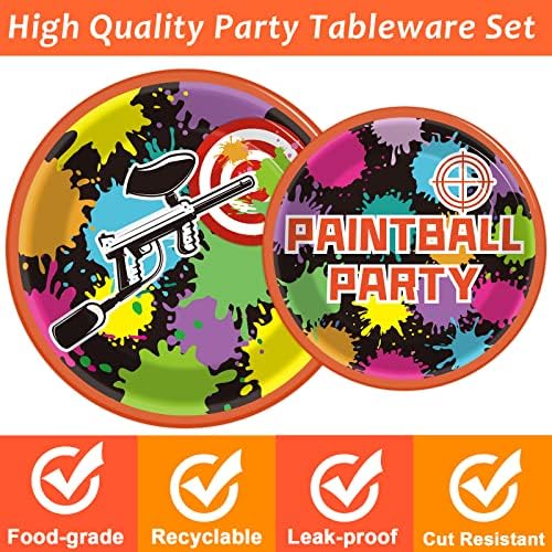 96 Pcs Paintball Birthday Party Supplies Neon Glow Tableware set Paper Plates Napkins Supplies For Paint Ball Gun Shooting Splatter Bomb Buster Splash Rainbow Color Theme Party Favors 24 Guests - Image 4