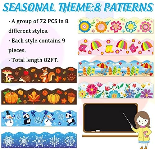 Whaline 82Ft Seasonal Bulletin Board Borders 8 Designs Scalloped Border Trim Teachers Classroom Blackboard Decor for Spring Summer Autumn Winter School Office Party Decoration, 72 Pcs - Image 3
