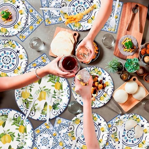 96Pcs Capri Lemon Blue Tiles Yellow Lemon Summer Citrus Fruit Party Plates Supplies Tableware Decorations Disposable Paper Plates Napkins Forks for Kids Birthday Baby Shower, Serves 24 - Image 5