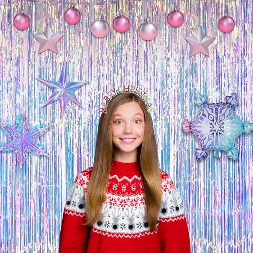 Iridescent Party Streamers Backdrop - GREATRIL Neon Transparent Holographic Tinsel Foil Fringe Curtain for Mermaid/Frozen/Sea/Euphoria/ERAS Party Theme Decorations 3.2ft x 6.5ft 2 PCS - Image 3