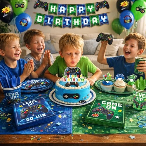 196 Pcs Video Game Party Decorations (Serves 24), gaming party decorations Include Banner Hanging Plates Napkins Cups Forks Knifes Tablecloth Topper Balloons for Boy Party - Image 7