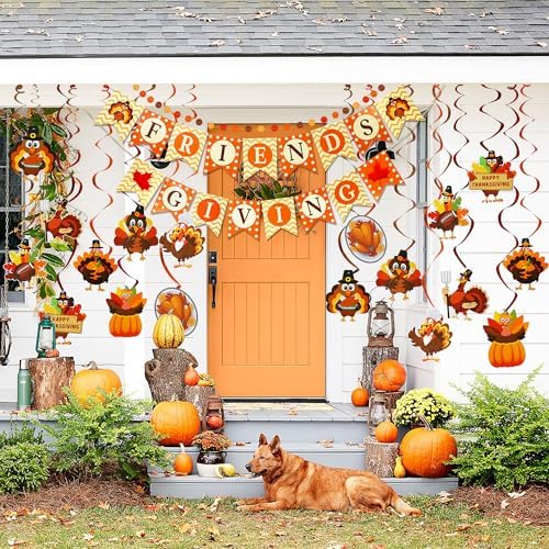 Thanksgiving Party Decorations Set - NO DIY - Friendsgiving Banner & Turkey Hanging Swirls & Circle Dots Garland Banner, Thanksgiving Decorations for Home Office Classroom Friendsgiving Party Decor - Image 5