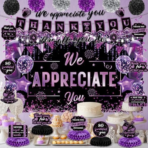 Purple We Appreciate You Decorations Black Purple Thank You for All You Do Banner Honeycomb Centerpieces Hanging Swirls Employee Staff Appreciation Gift Pastor Teacher Doctor Graduation Party Decor - Image 2