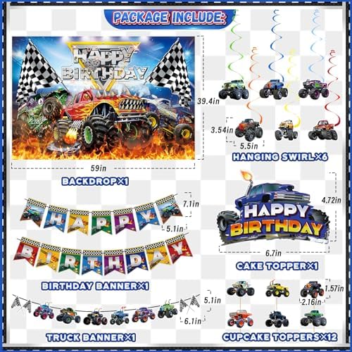 Monster Truck Birthday Decorations, Machines Jam Party Decoration Supplies include Truck Balloons Arch, Tablecloth, Backdrop, Cake Cupcake Toppers, Hanging Swirls, Flags, Truck Birthday Decor for Boys - Image 2