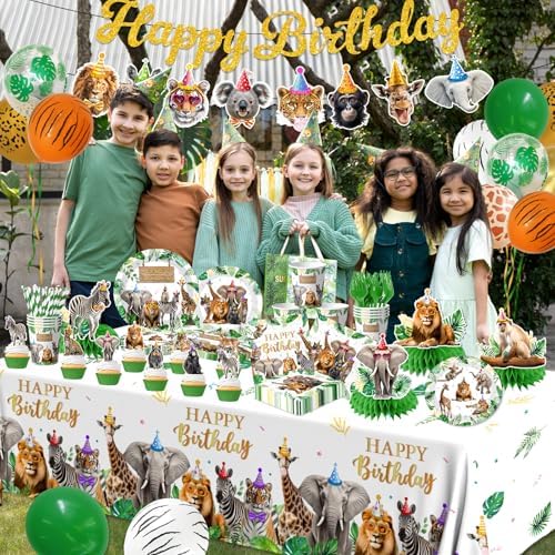 Safari Themed Party Decorations Tableware,198pcs Jungle Plates and Napkins for Party,animal Birthday Party Tablecloth Cups Cake Toppers Balloons for Zoo Party Decorations - Image 4