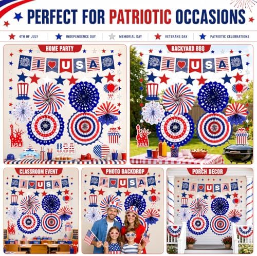 Red White Blue Party Decoration, USA Veterans Day Banner Paper Fans - Image 6