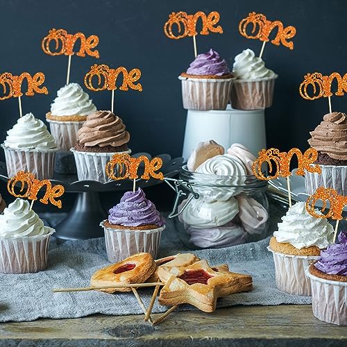 24Pcs Pumpkin One Cupcake Toppers Glitter First Birthday Pumpkin Cupcake Picks for Fall Theme Baby Shower Kids 1st Birthday Party Cake Decorations Supplies Orange - Image 5
