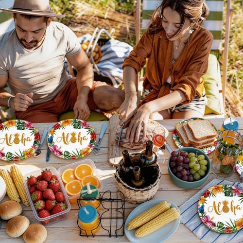 175Pcs Hawaiian Luau Party Decorations Aloha Tropical Tropical Hibiscus Floral Tableware Supplies Hawaii Palm Leaves Plates for Summer Hawaiian Birthday BBQ Pool Beach Party Supplies Serves 25 Guests - Image 6