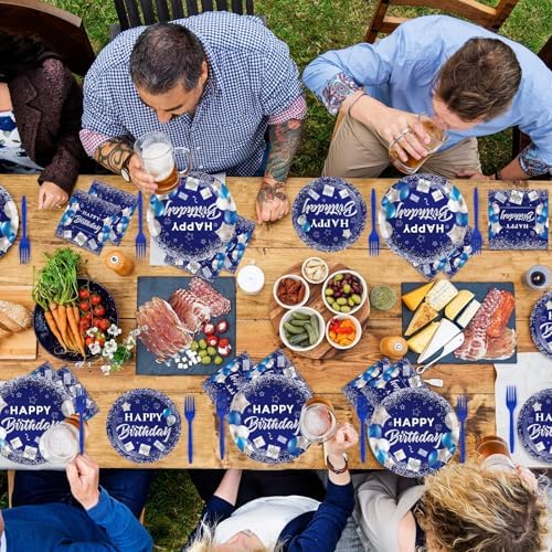 gisgfim 50 Guests Blue Birthday Party Supplies Navy Blue and Silver Plates and Napkins Plastic Forks Happy Birthday Tableware Paper Disposable Plates for Men Women Party 200PCS - Image 4