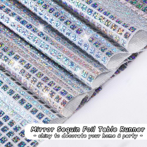 durony 2 Pack Mirror Disco Party Table Runner, 11 x 108 Inch, Silver Laser - Image 4
