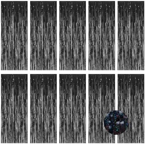 10 Pack Black Foil Curtain Backdrop 3.2ft x 9.8ft Metallic Tinsel Foil Fringe Curtains Streamer Photo Booth Backdrop for Birthday Party Engagement Bachelorette Party Decorations - Sparkle Black by Ohiyoo