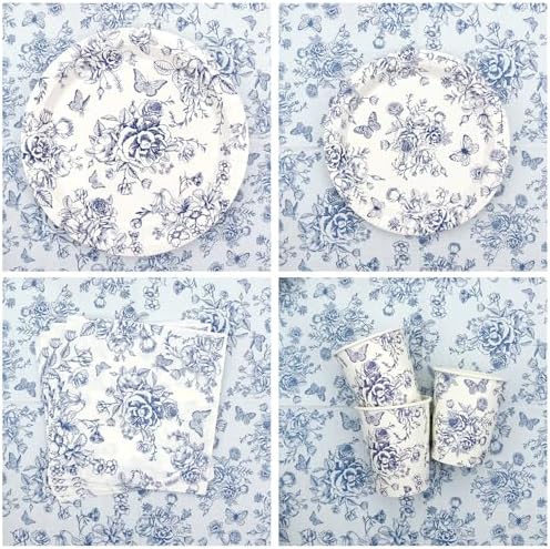 Blue Floral Party Decoration, Including Happy Birthday Banner, Plates, Cups, Napkins, Tablecloth, Paper Lantern, Straws, for Flower Birthday Wedding Chinoiserie Party Supplies Serves 20 - Image 4