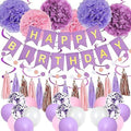 Purple Pink Birthday Party Decorations for Women Girls with Happy Birthday Banner,Hanging Swirls,Tissue Paper Pompoms,Circle Dots Garland,Tassel Garland Purple Balloons by pugkloy