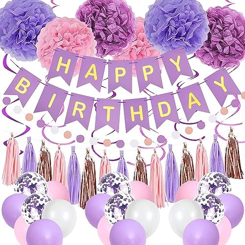 Purple Pink Birthday Party Decorations for Women Girls with Happy Birthday Banner,Hanging Swirls,Tissue Paper Pompoms,Circle Dots Garland,Tassel Garland Purple Balloons by pugkloy