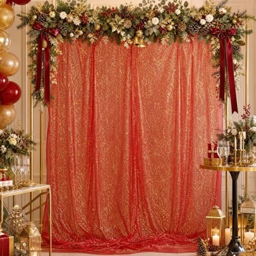 Bupelo Red Tulle Backdrop Curtains with Gold Foil 15x8ft Sheer Curtain by Bupelo