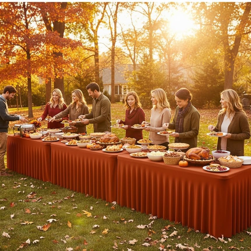 HolidayIdeas 6 Pack Rust Spandex Table Skirts 6ft Fall Tablecloths Ruffle - Image 3