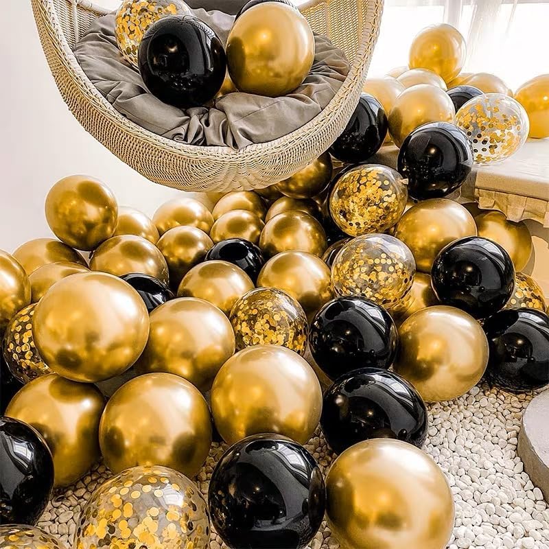 Bezente Black Gold Confetti Latex Balloons 60 Pack 12 inch - Image 3