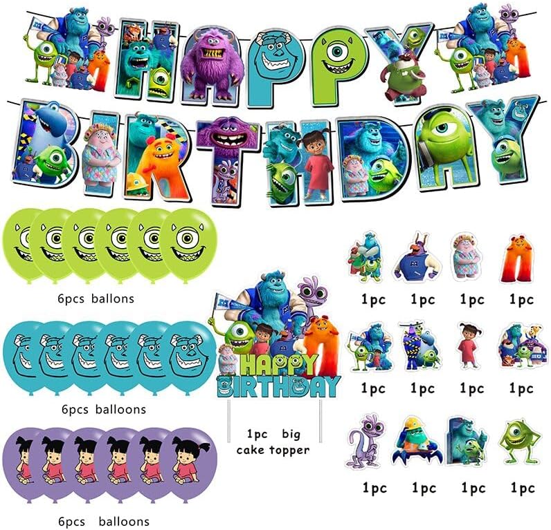 Cartoon For Monster Party Supplies,Birthday Decorations Set Include Banner, Balloons, Hanging Swirls, Cake Cupcake Toppers for Boys Girls Party. - Image 2