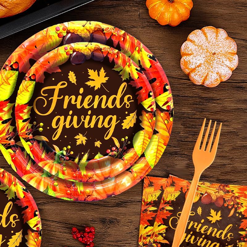 96 Pieces Friendsgiving Tableware Set Party Supplies - Fall Thanksgiving Pattern Disposable Dinnerware with Paper Plates, Napkins, Forks for Autumn Harvest, and Friendsgiving Dinner BBQ Picnic Favors - Image 4