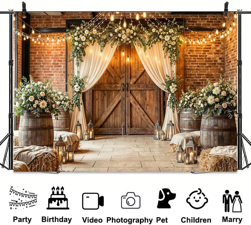 10x10Ft Country Wedding Backdrop Photography Rustic Roses Brick Stone Wall Backdrop Farmhouse Wooden Door Birthday Baby Shower Wedding Bridal Party Banner Photo Booth Props Anniversary Background - Image 7