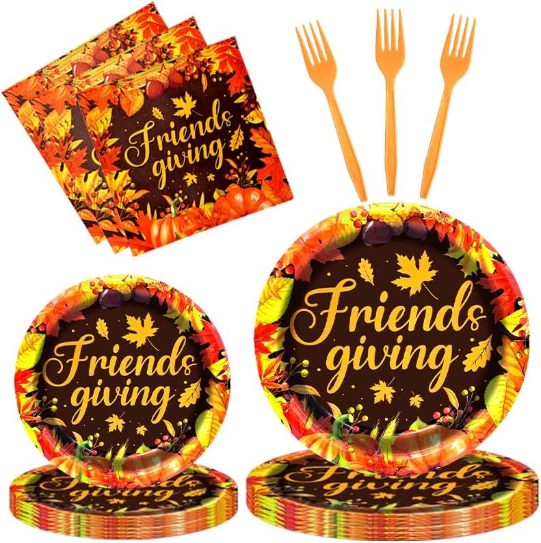 96 Pieces Friendsgiving Tableware Set Party Supplies - Fall Thanksgiving Pattern Disposable Dinnerware with Paper Plates, Napkins, Forks for Autumn Harvest, and Friendsgiving Dinner BBQ Picnic Favors by GistomeHome