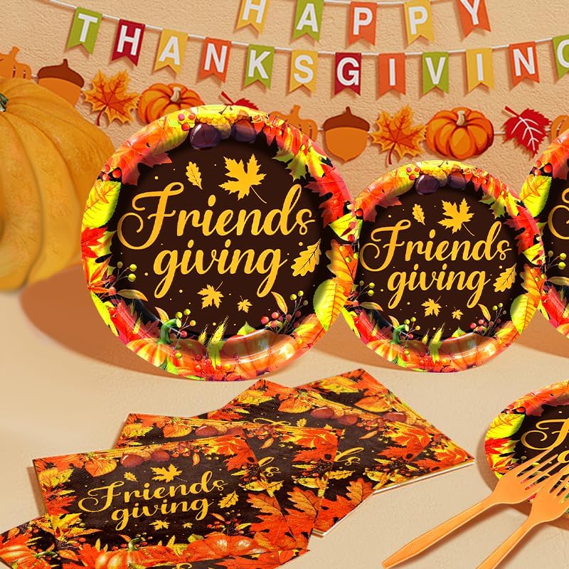 96 Pieces Friendsgiving Tableware Set Party Supplies - Fall Thanksgiving Pattern Disposable Dinnerware with Paper Plates, Napkins, Forks for Autumn Harvest, and Friendsgiving Dinner BBQ Picnic Favors - Image 6