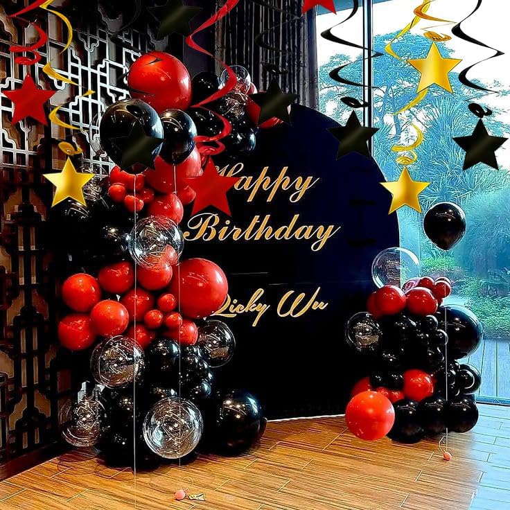 Red Black Gold Star Hanging Swirl Decorations - 30 Pcs Metallic Ceiling Swirls with Foil Stars, Plastic Streamers for Graduation, Casino Las Vegas Night, Movie Theme, Mouse Birthday Party Supplies - Image 6