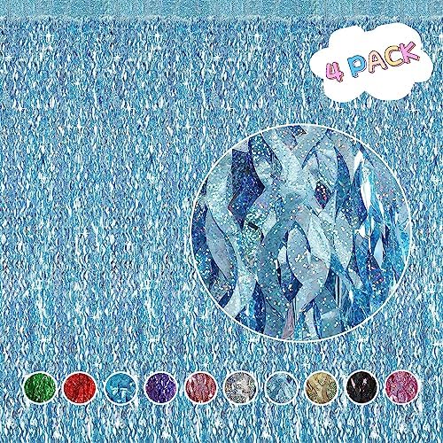 4 Pack Light Blue Party Foil Curtain - CYLMFC 3.3 ft x 6.6 ft Wavy Photo Booth Backdrop Metallic Tinsel Foil Fringe Curtains Environmental Background for Birthday Wedding Party Christmas Decorations - Image 2