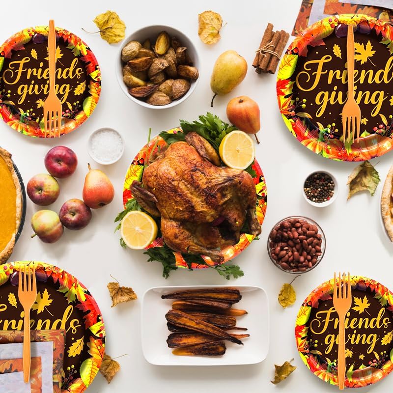 96 Pieces Friendsgiving Tableware Set Party Supplies - Fall Thanksgiving Pattern Disposable Dinnerware with Paper Plates, Napkins, Forks for Autumn Harvest, and Friendsgiving Dinner BBQ Picnic Favors - Image 5