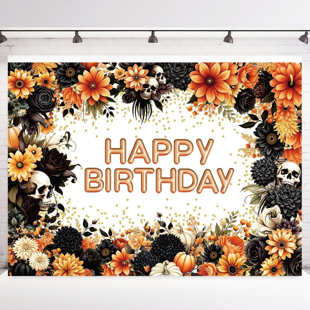 INRUI Halloween Gothic Skull Happy Birthday Backdrop 7x5FT by INRUI