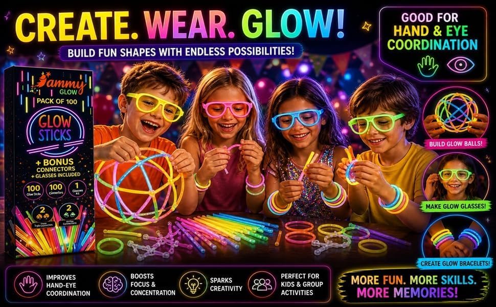 Ammy Glow Glow Sticks (205 Pcs Kit) Bulk Party Pack-100 Pack Glow Sticks with Connectors & Glasses- Party Favors for Kids 8-12- Neon Glow in The Dark Party Supplies for Birthdays & Events - Image 5